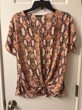 West Kei Pink Brown Snake-Print Short Sleeve Knot Front Top